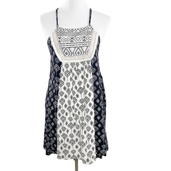 Flying Tomato Black Cream Strapless Embroidered Boho Mini Sun Dress Medium M - Picture 1 of 9